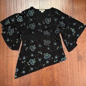 Vintage 90s Y2K Notations Asymmetrical Black and Blue Floral Blouse, Size Small